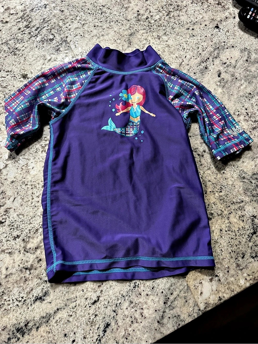 UV Skinz Mermaid Print Short Sleeve Rash Guard Purple Plaid